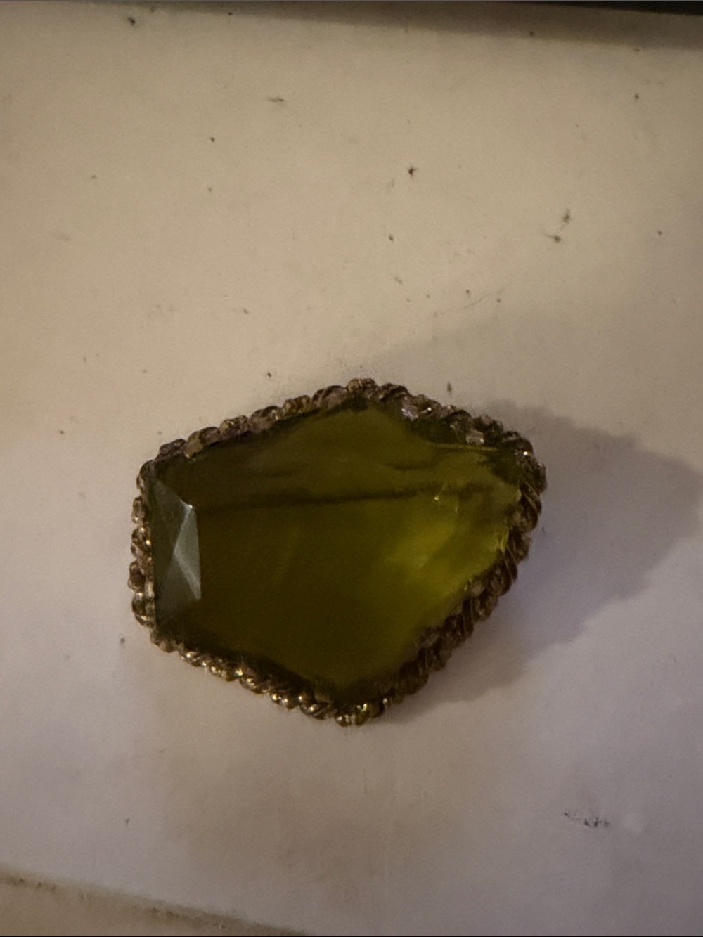 Olive Faceted Stone Brooch with Gold-Tone Rope Edge